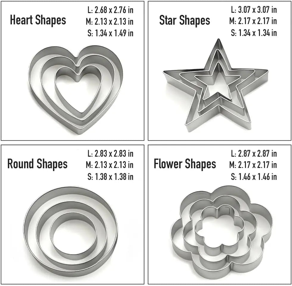 Metal Cookie Cutters Set of 12 - Heart, Flower, Round, Star Shapes