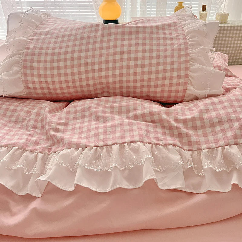 3 Piece Sheet Set  pink plaid duvet cover Set  Bedspread for All Season