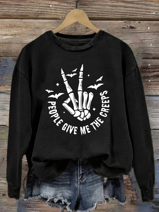 Women's Casual Long Sleeve Crew Neck T-Shirt Skeleton Hand Give Creeps Design.