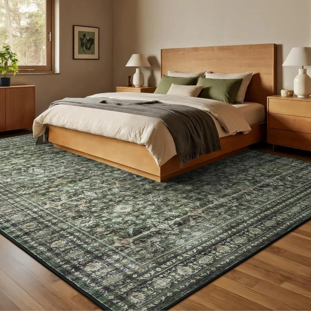 8x10 Area Rugs .Green Washable Non-Slip Large Carpet Soft Boho Rug . Stain Resistant Low Pile Vintage Distressed