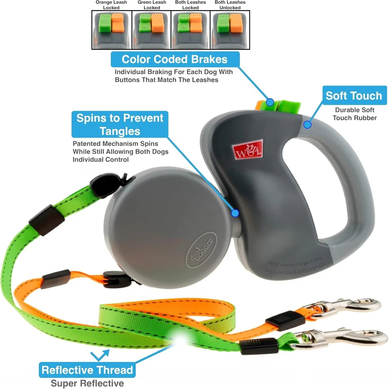 Self-Retracting Pet Leash with Dual Heads, 360-Degree Outdoor Dog Lead, One Leash for Two Dogs