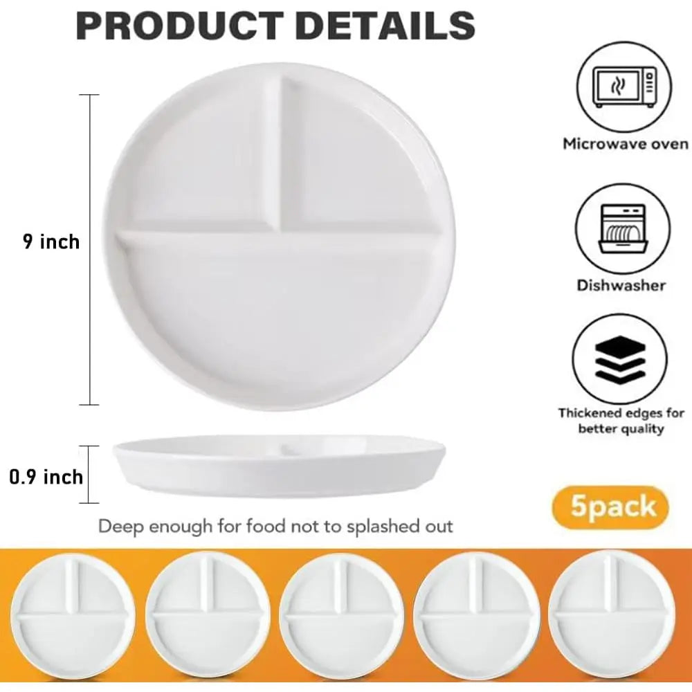 5-Piece Durable Divided Plates, Lightweight Reusable Dinnerware .White, 9 (Portion Control)