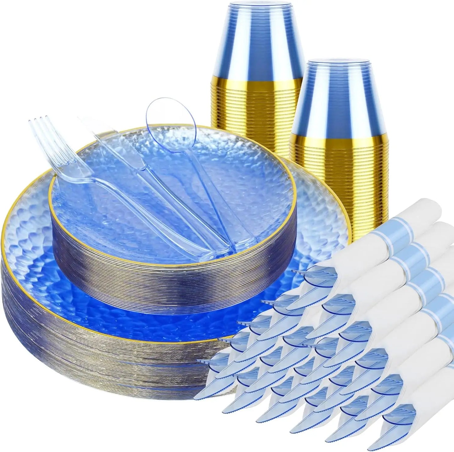175PCS Gold and Blue Plastic Dinnerware Set – Clear Blue Disposable Plate with Gold Rim.
