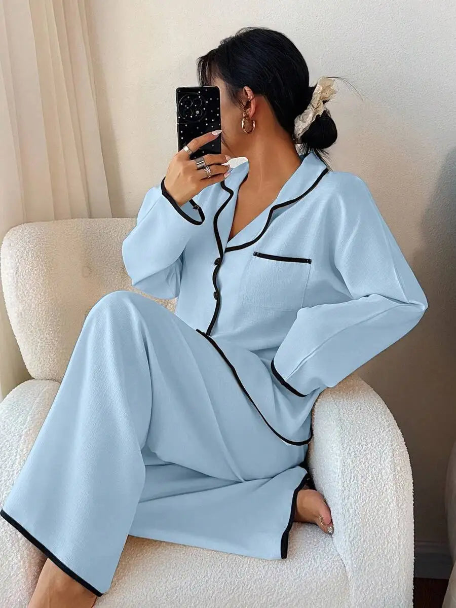 Womens Contrast Trim Lapel Loose Long Sleeve Pajama Set Light Green