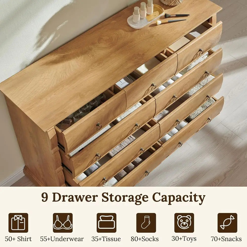 Vintage 52 Wide Chest with Curved Fronts and Retro Ring Pulls, Light Walnut Wood Storage for Living Spaces
