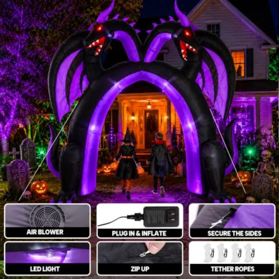 Halloween inflatable dragon archway for outdoor use, PVC material, black and red, double-headed walk-through design .