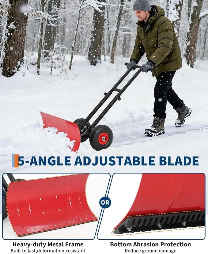 36cm  Wheeled Snow Shovel,Snow Pusher w/Adj Handle Carbon Steel Blade..