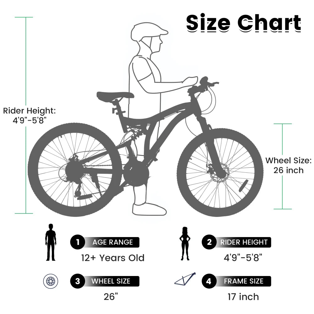 26 Inch Mountain Bike with 21-Speeds & Full Suspension Steel Frame, Alloy Rims, Disc Brakes For All Terrains,.