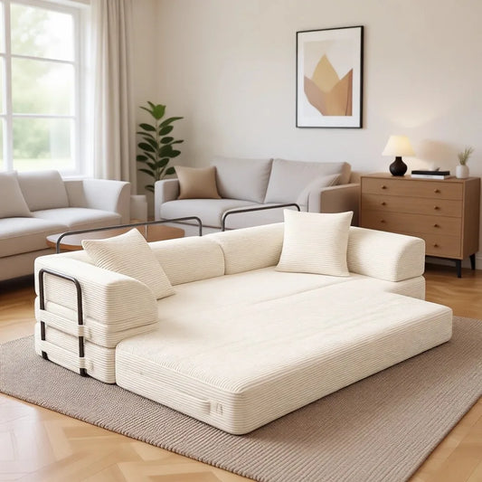 70" Convertible Floor Sofa Bed - 5-in-1 Foldable Couch with High-Density Sponge, Corduroy Fabric (Beige)