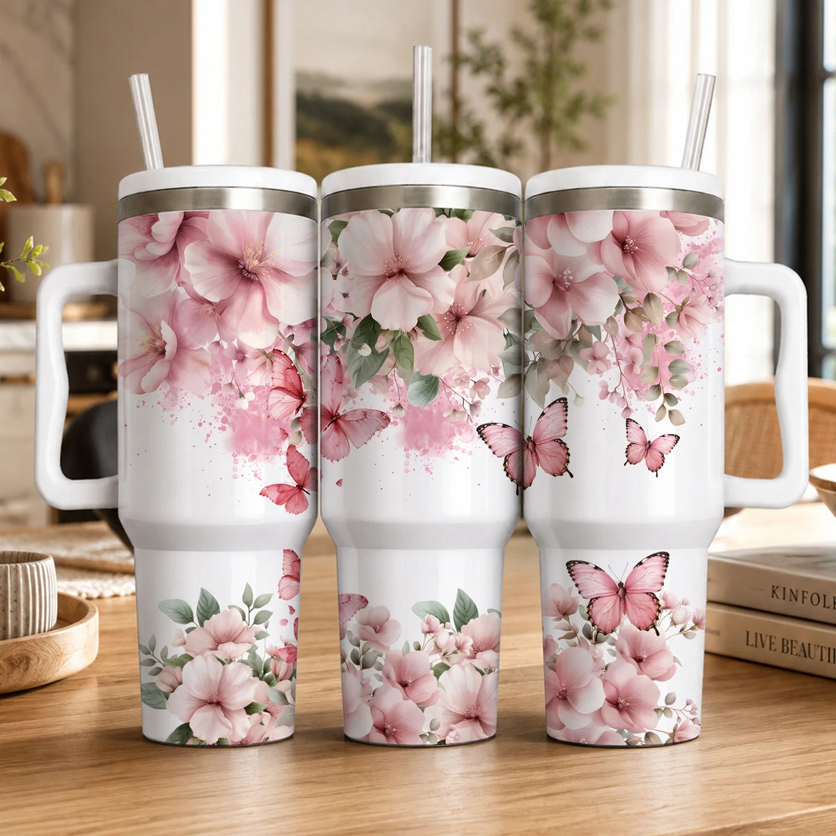 1pc of a 16Oz/40Oz Pink Floral Butterfly Tumbler Featuring a Handle And Straw Designed to Fit in Cup Holders