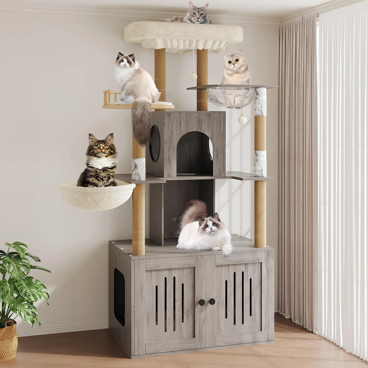 Multi-Level Cat Tree with Hidden Litter Box Enclosure Sisal Scratching Posts Condo & Hammock . Modern Litter Box Furniture