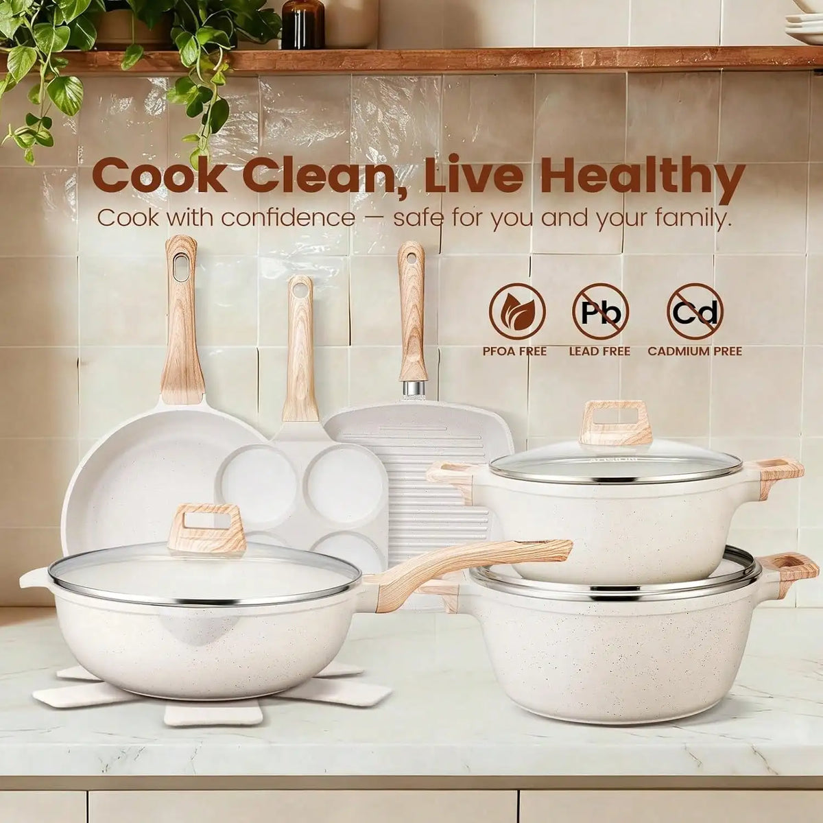 27PCS Pots And Pans Set, Nonstick Ceramic Cookware Set,  With Gloves, Apron, Silicone Tools & Pot Protectors, .