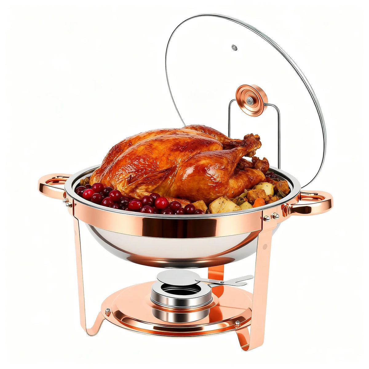 Chafing Dish Set Gold-Plated 5QT Round Warmer Server Stainless Steel 316 with Glass Lids .