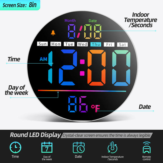 8‘’LED Wall Clockwith Timer,Temperature,Date,Night Light,. Color,Alarm,5-Level Brightness Digital Clock