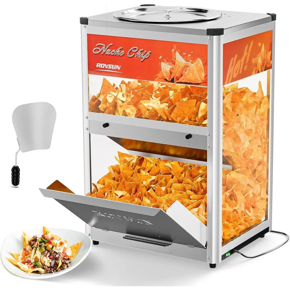 Nacho Chip Warmer, Nacho Machine Countertop Food Warmer Display Case with Warming Light, Glass Door, Scoop & Removable Deflectio