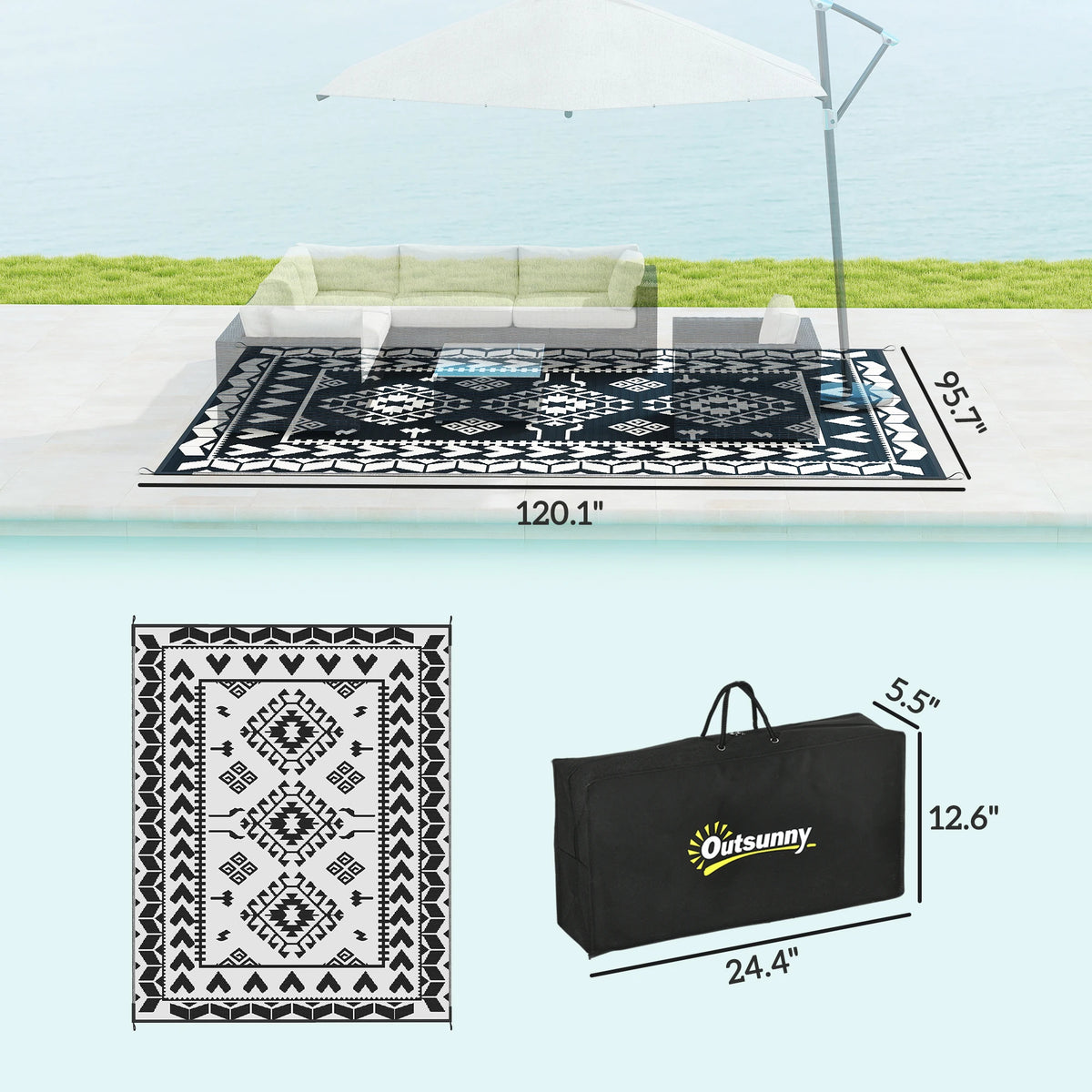 Outdoor Rug, 8' x 10' Floor Mat, Black White Rhombus Patchwork