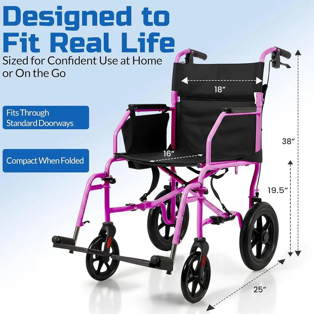 ingbird™ Ultra-Lightweight foldable Transport Wheelchair, Handbrakes,12-Inch Rear Wheels, Extra-Wide Seat.