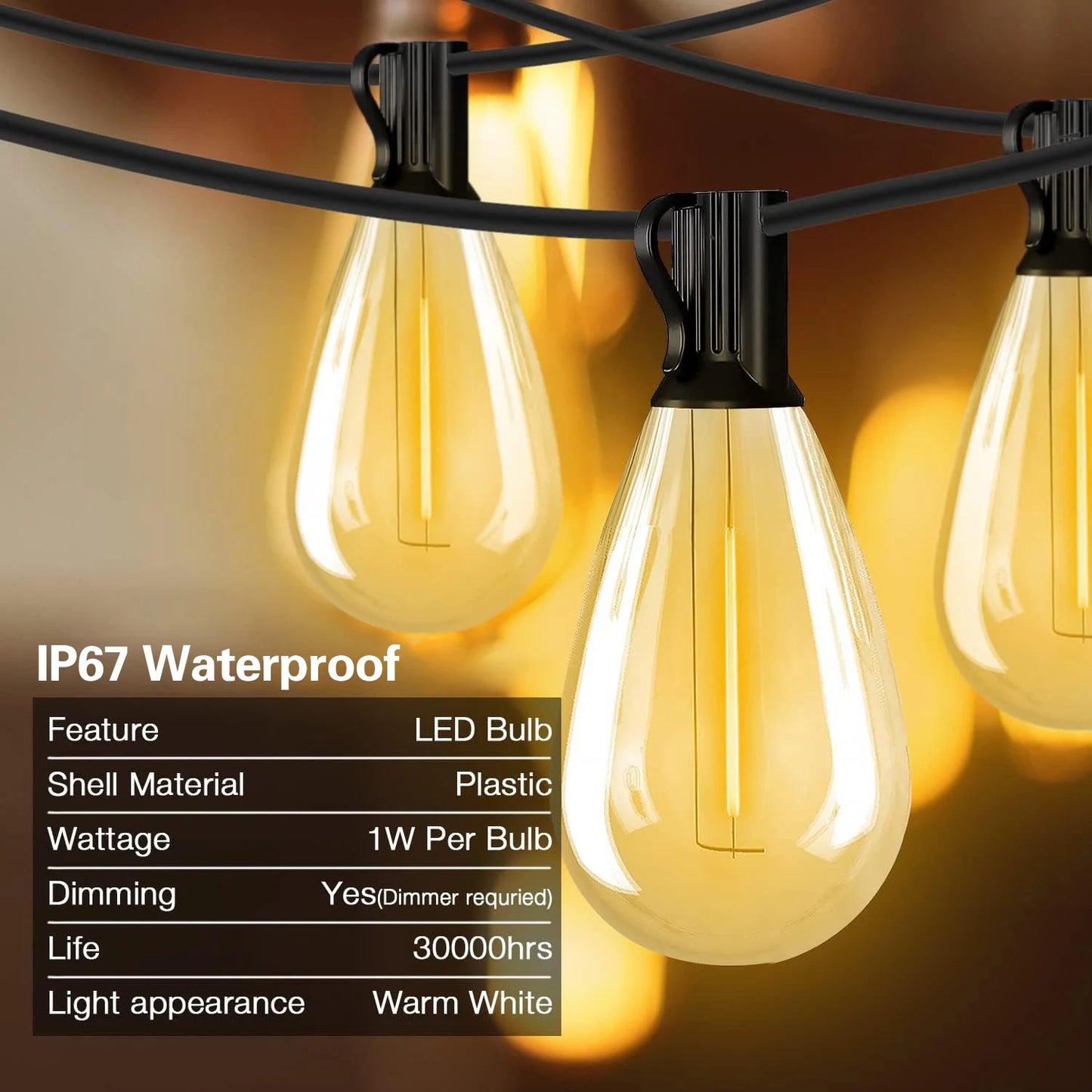 100FT S14 LED String Lights, 24 Bulbs, 2700K Warm White, E12 Base, Black Cord, .