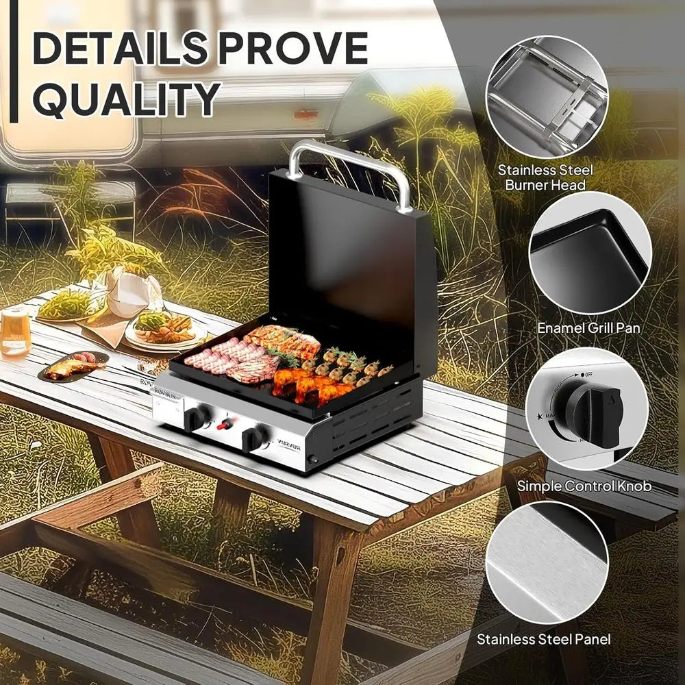 2 Burner Portable Propane Griddle with Enameled Tray & Lid, 20,000 Tabletop  Top Gas Grill with Electric Ignition & Regulator.