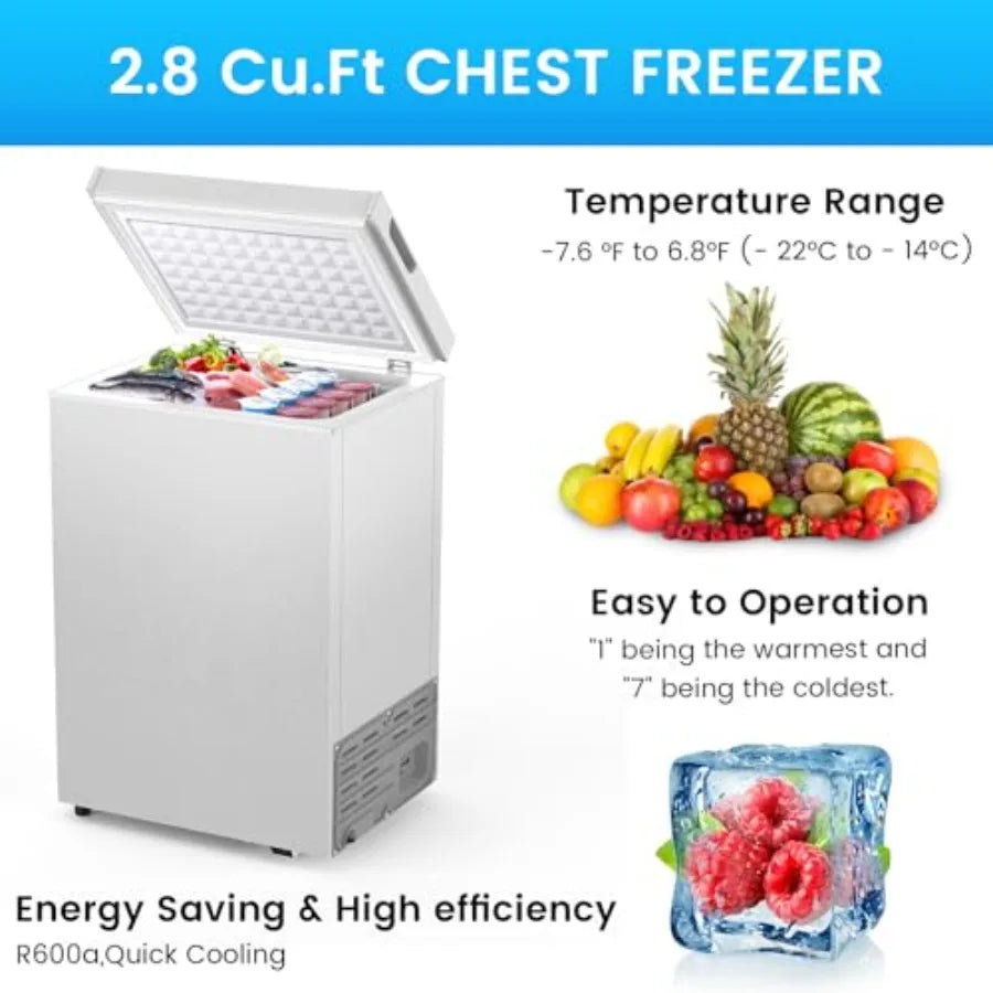Deep Freezer 3.5 Cu.Ft Chest Freezer with Steel Body, White Finish, 2 Removable Baskets Adjustable 7-Level Temperature Control