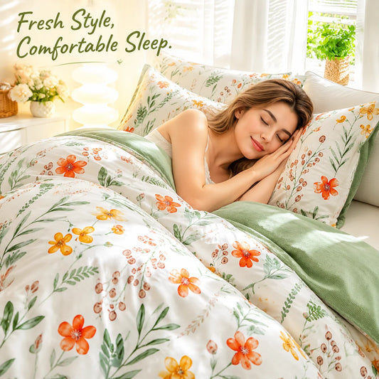 Botanical Floral Duvet Cover Set, Green White Bedding Set, Soft Plant Print Bed Cover with Pillowcases, .