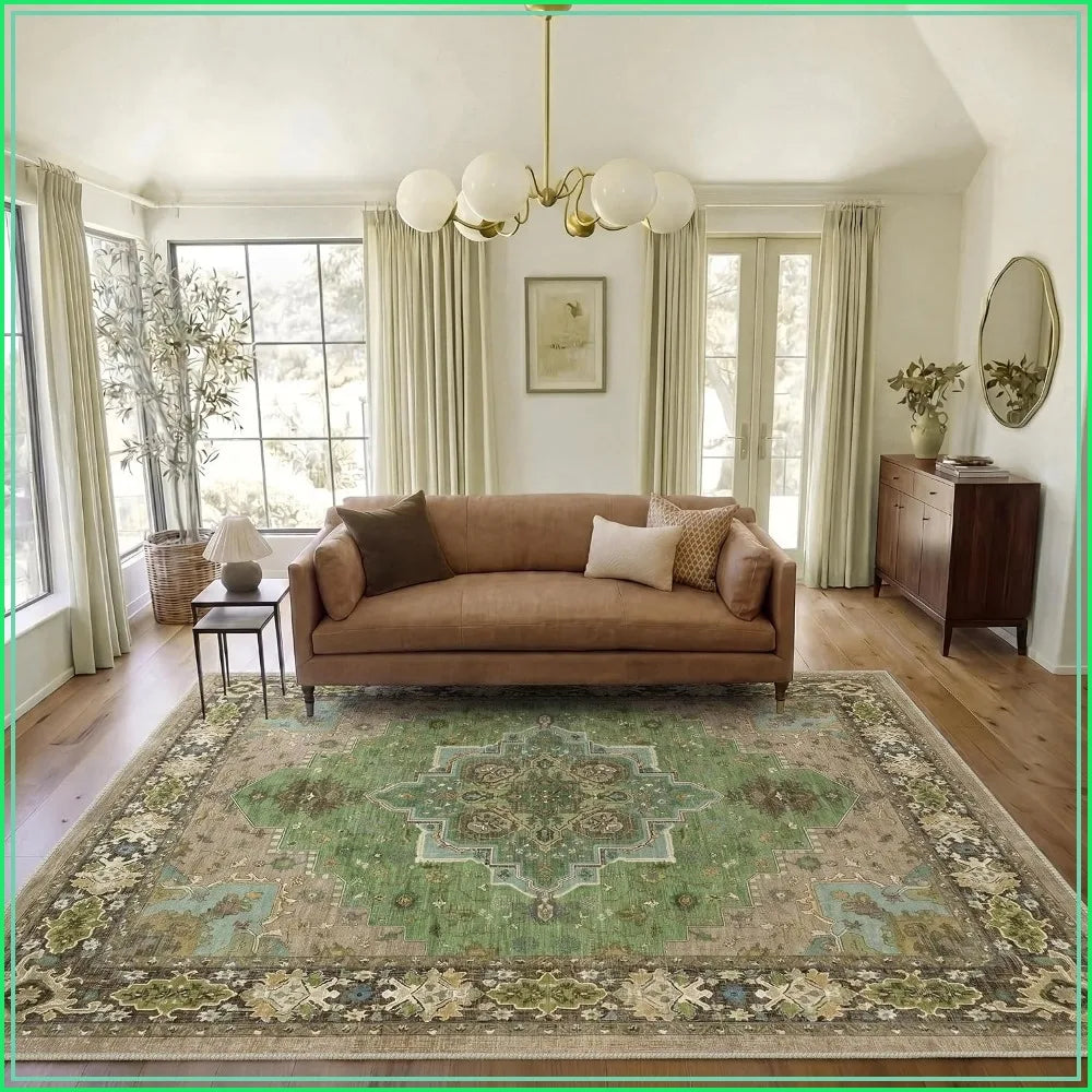 8x10 Vintage Washable Area Rug. Low-Pile Non-Slip Carpet for.