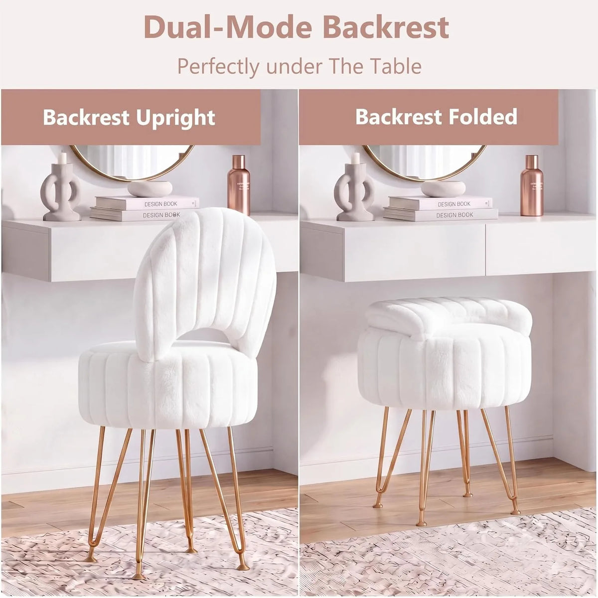 White Faux Fur Vanity Stool Chair with 7.9 Liter Hidden Storage Folding Backrest Thick Padded Seat Gold Metal Legs .