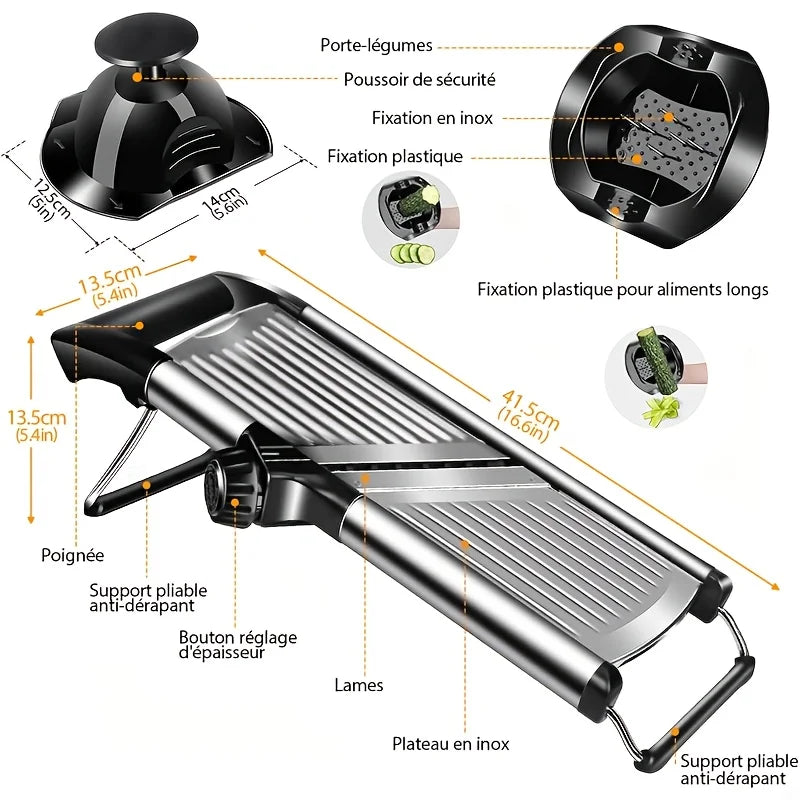 Stainless Steel Mandolin Slicer with 5 Blades & Holder - Safe Hand Guard.
