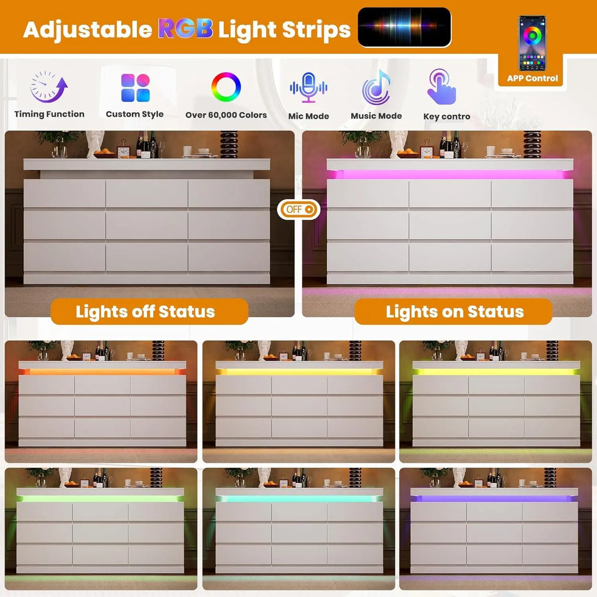 63in 9 Drawer Dresser With LED Lights & Charging Station, .