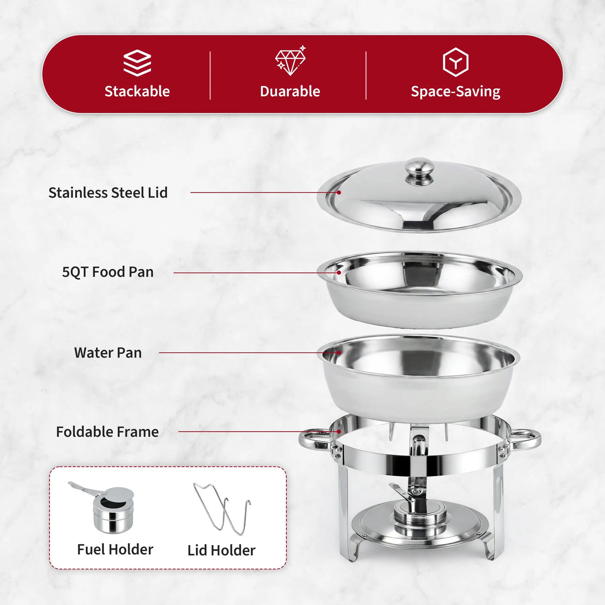 Chafing Dishes for Buffet, 2 Pack Round Chafing Dish Buffet Set, 5 QT Chafer Food Warmer with Lid,