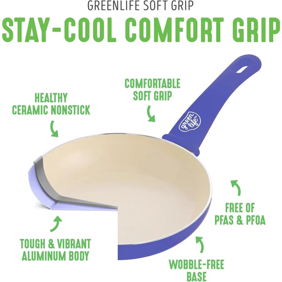 Soft Grip 16 Piece Healthy Ceramic Nonstick Cookware Set Pots and Pans Set. Dishwasher Safe