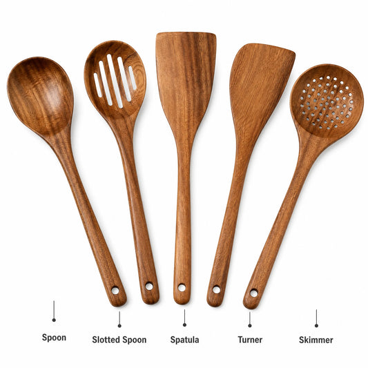 5-Piece Wooden Kitchen Utensils Set, Natural Wood Cooking Spoons and Spatulas, Heat Resistant Non-Stick Cookware .