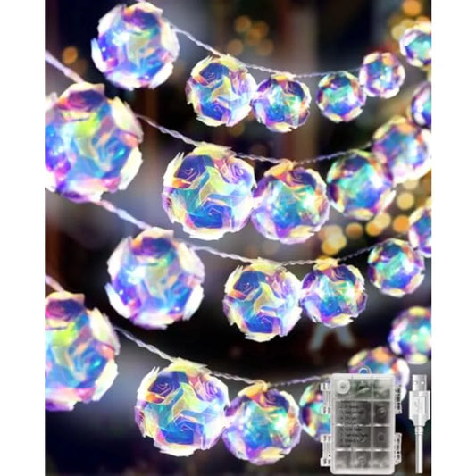 50 LED Holographic Iridescent String Lights, 16.4Ft Enchanting Disco Ball String Lights USB and Battery Powered Fairy Lights .