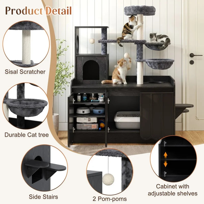Black Cat Tree with Litter Box Enclosure, Sisal Scratching Post, Storage, Hammock, and Perch –