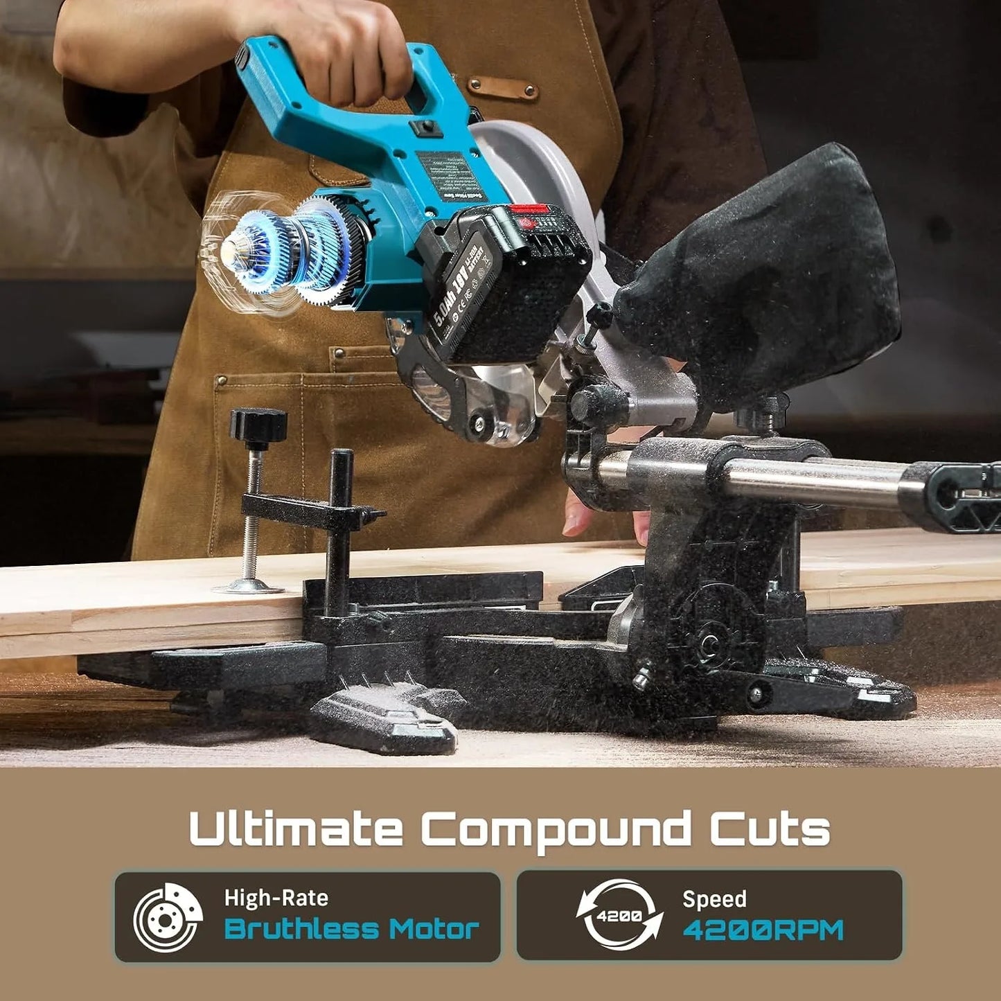 8-Inch Sliding Compound Miter Saw Cordless Power Miter Saw with Laser Guide 2 pcs 5000 . Batteries Single Bevel 45° 24T TCT Blade Max Cut 2.5×12-inch .