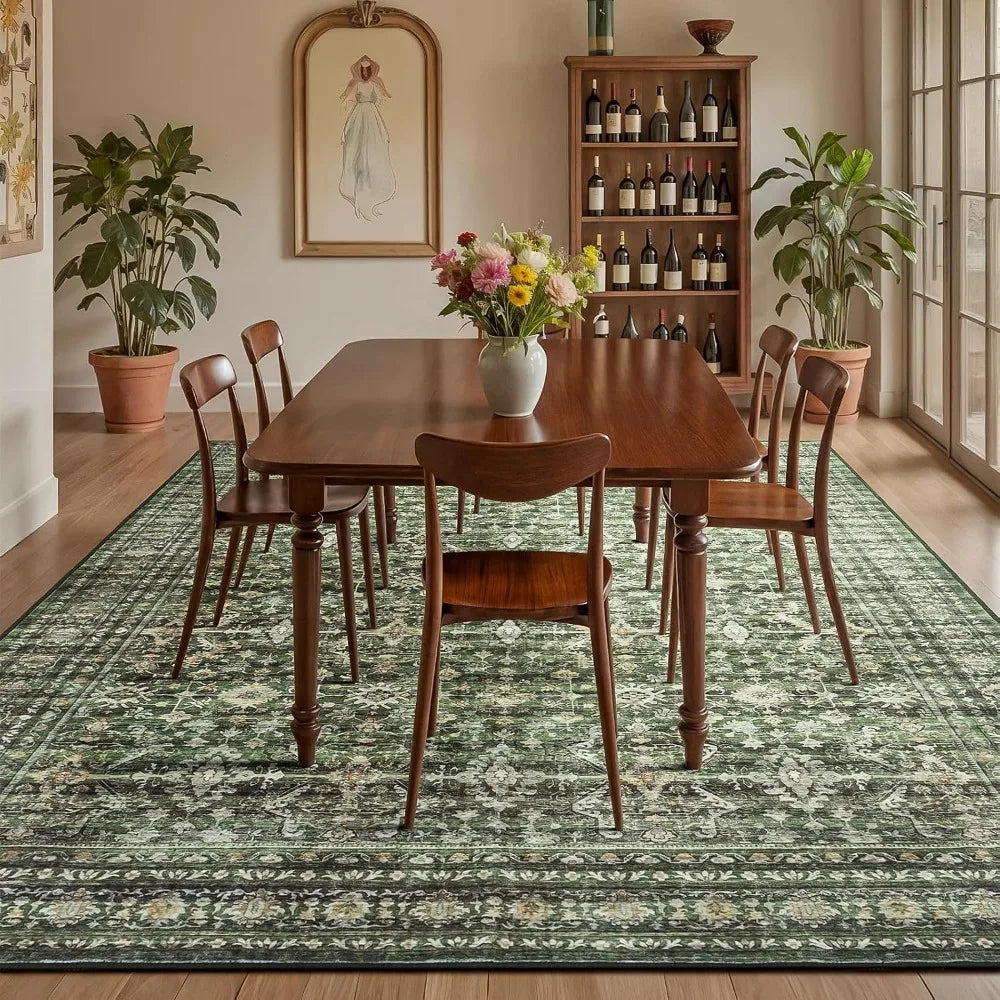 8x10 Area Rugs .Green Washable Non-Slip Large Carpet Soft Boho Rug . Stain Resistant Low Pile Vintage Distressed