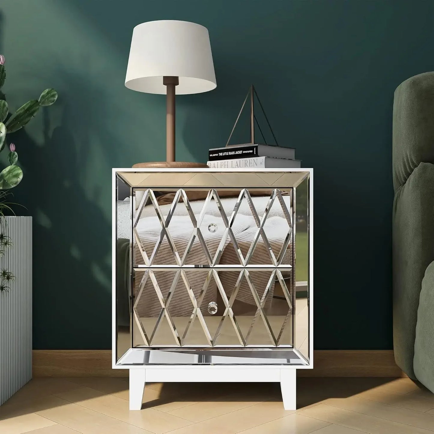 12x18x22" Nightstand Mirrored, White Night Stand with 2 Drawers,