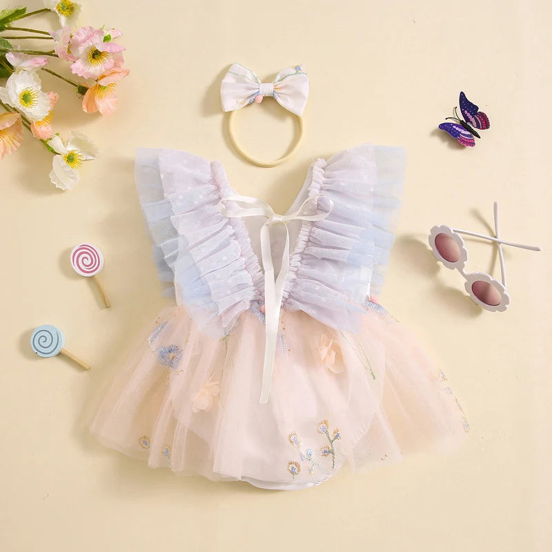 Baby Girl 2Piece Summer Set 3D Butterfly Flower Embroidery Fly Sleeve Mesh Romper Dress 3D Bow Headband