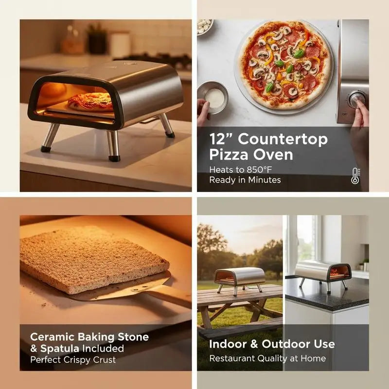 12" Electric Pizza Oven Countertop, Stainless Steel Pizza Maker Machine with Pizza Stone and Spatula, Heats up to 850°F.