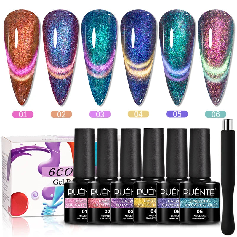 .6pcs/set Aurora Glitter 9D Cat Magnetic Gel Nail Polish With Magnet Soak Off UV Nail Art Varnish Kit For Manicure