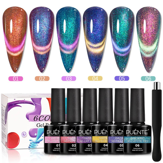 .6pcs/set Aurora Glitter 9D Cat Magnetic Gel Nail Polish With Magnet Soak Off UV Nail Art Varnish Kit For Manicure