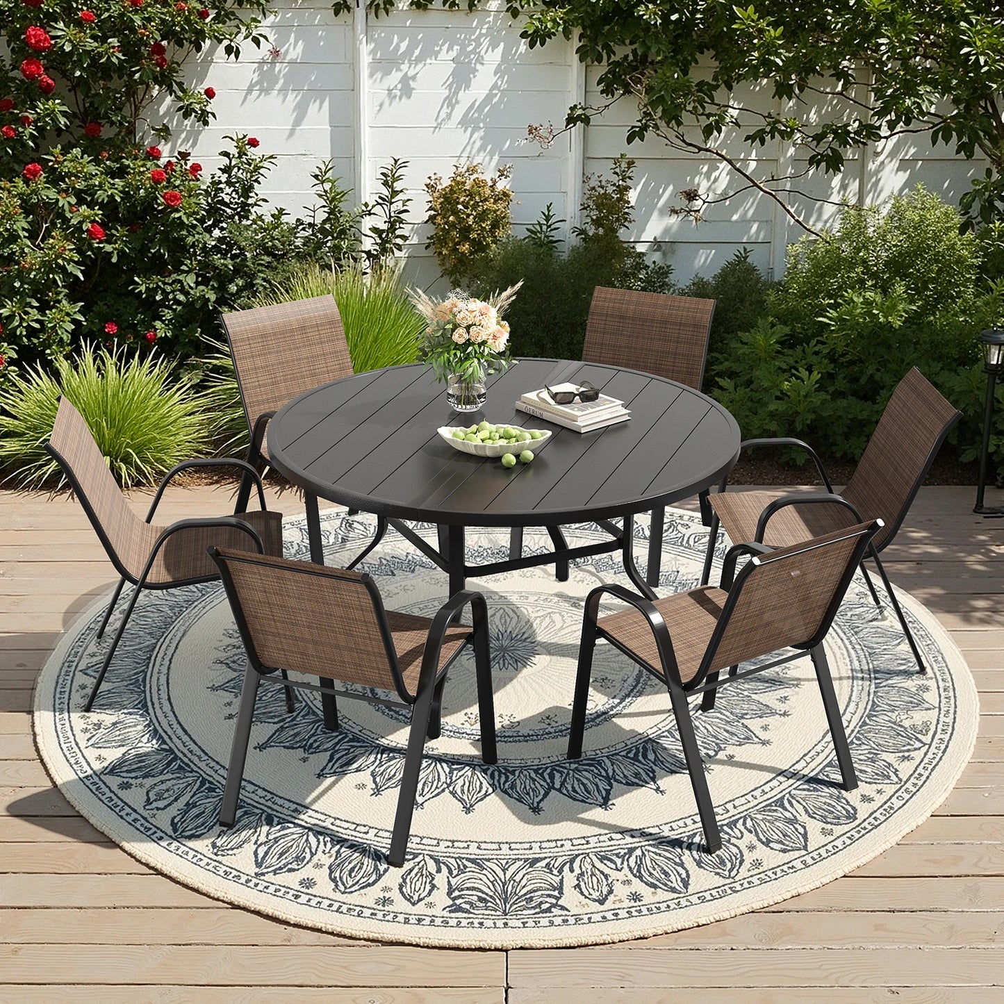7-Piece Outdoor Dining Set for 6, Round Patio Table with 6 Chairs, .