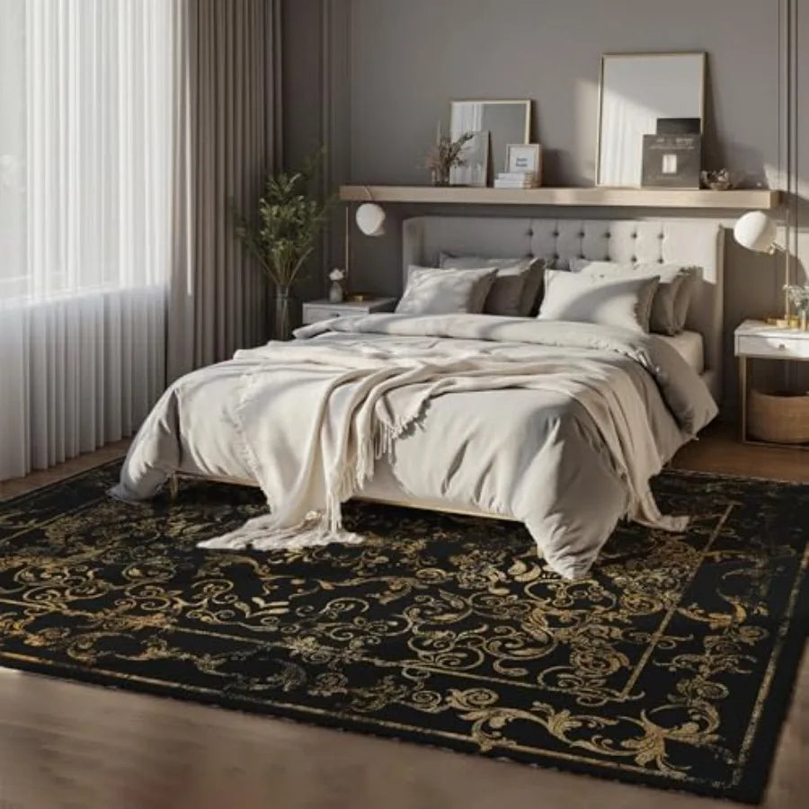 Dark Baroque Gold Black Area Rug 8x10 Intricate Filigree Design