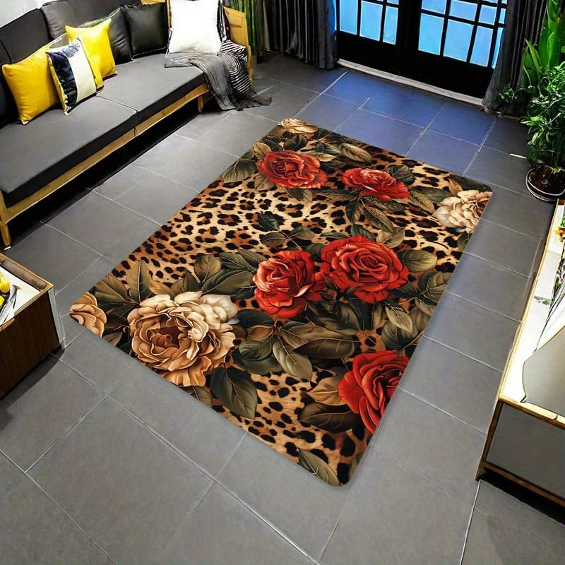 1Pc/ 8mm Vintage Leopard Print Rose Esports Room Floor Mat. Machine Washable .