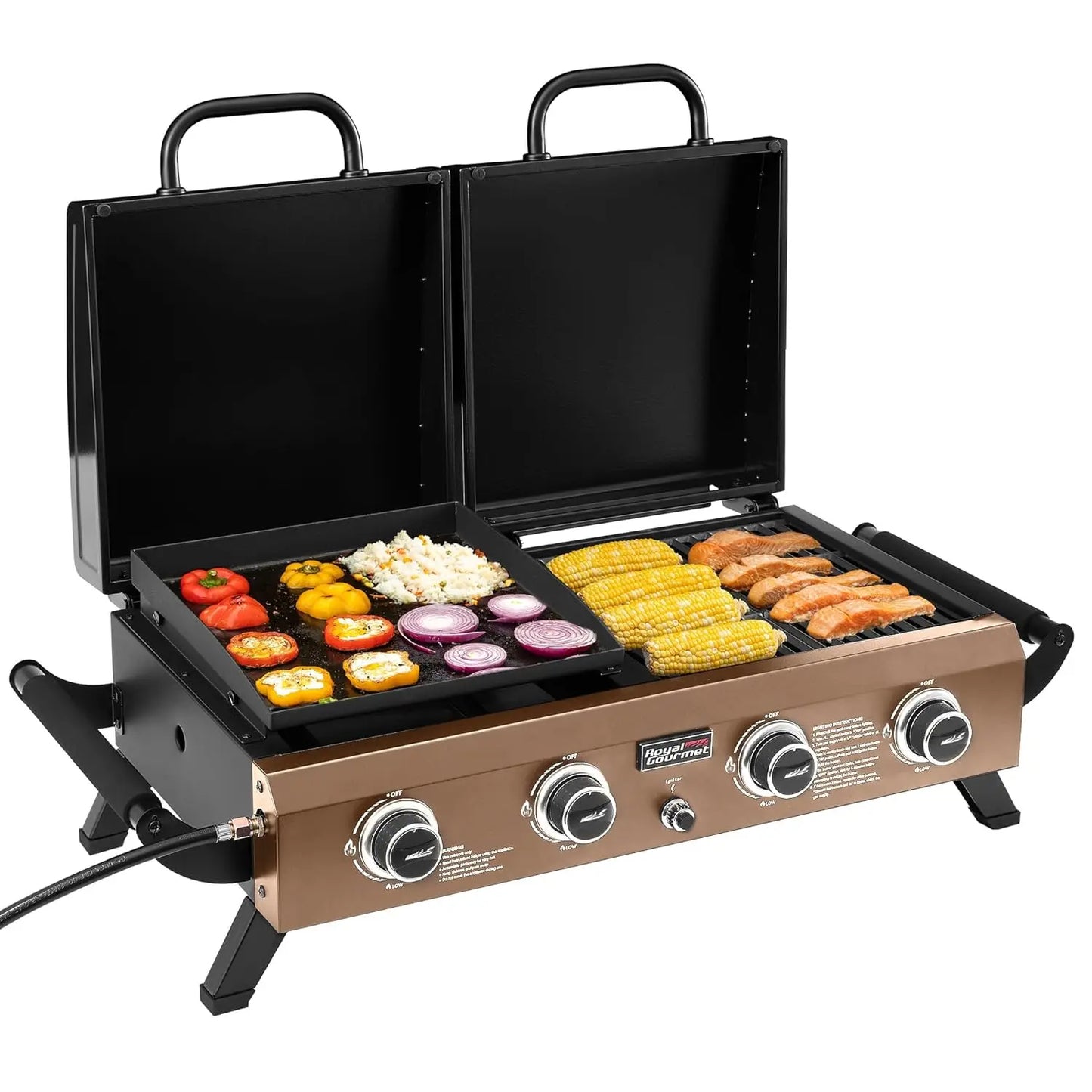 .Portable Tabletop Grill & Griddle Combo with Hood, 4-Burner Portable Propane Gas Grill Griddle Combo .