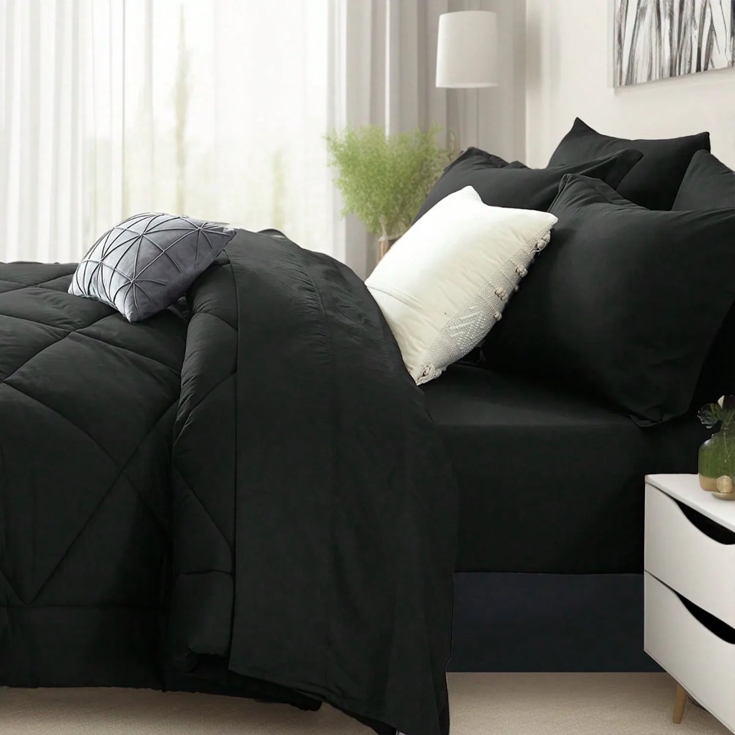 5/7 Piece Solid Color Bed Comforter Set Queen, Creative Geometric Pattern Design, ...Bed In A Bag For All Seasons.