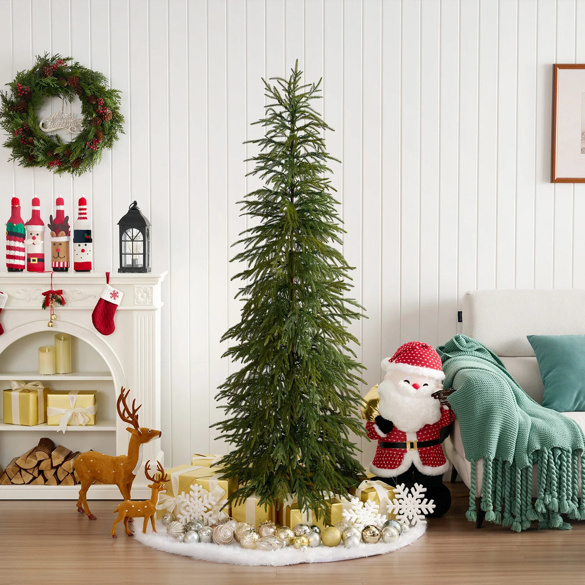 Artificial Pencil Christmas Tree, PE Realistic 6ft/7ft Prelit/.with Metal Stand, Holiday .