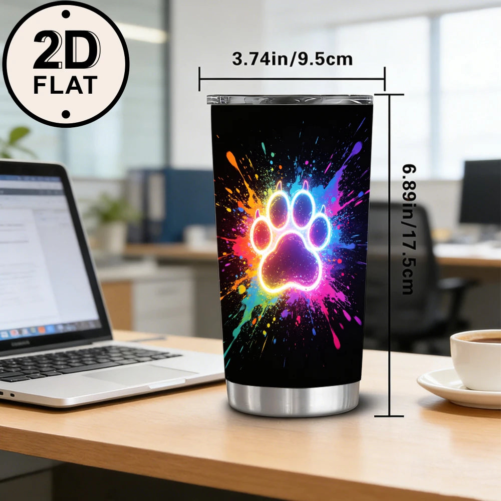 20oz Neon Glowing Paw Print Printed Stainless Steel Tumbler with Lid and Straw, Colorful Paint Splatter Dog Cat Paw Pet Lover .