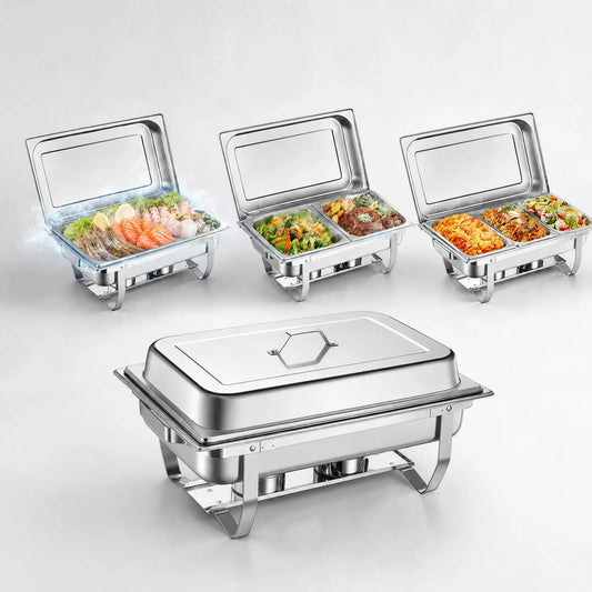 4 Pack 9.5 QT Stainless Steel Chafing Dishes Buffet Set, 7 Food Pans & Folding Stands,.