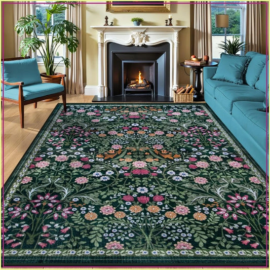 .8x10 Washable Boho Area Rug, Floral Dark Green, Non Slip Stain Resistant.